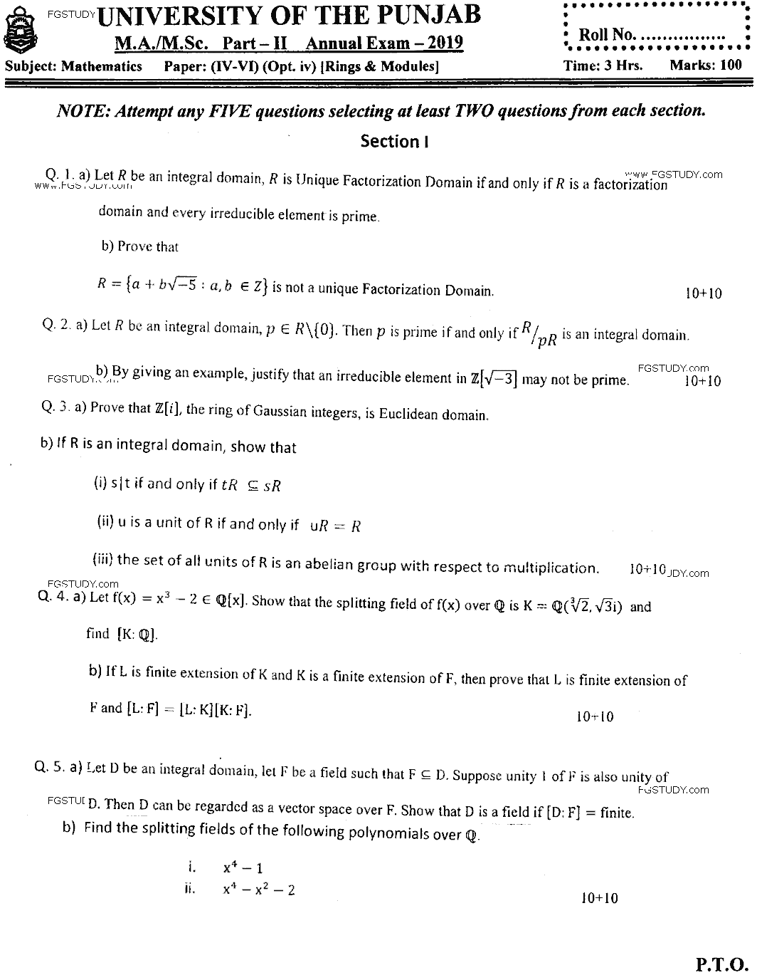 MSc Part 2 Mathematics Rings And Modules Past Paper 2019 Punjab University Subjective