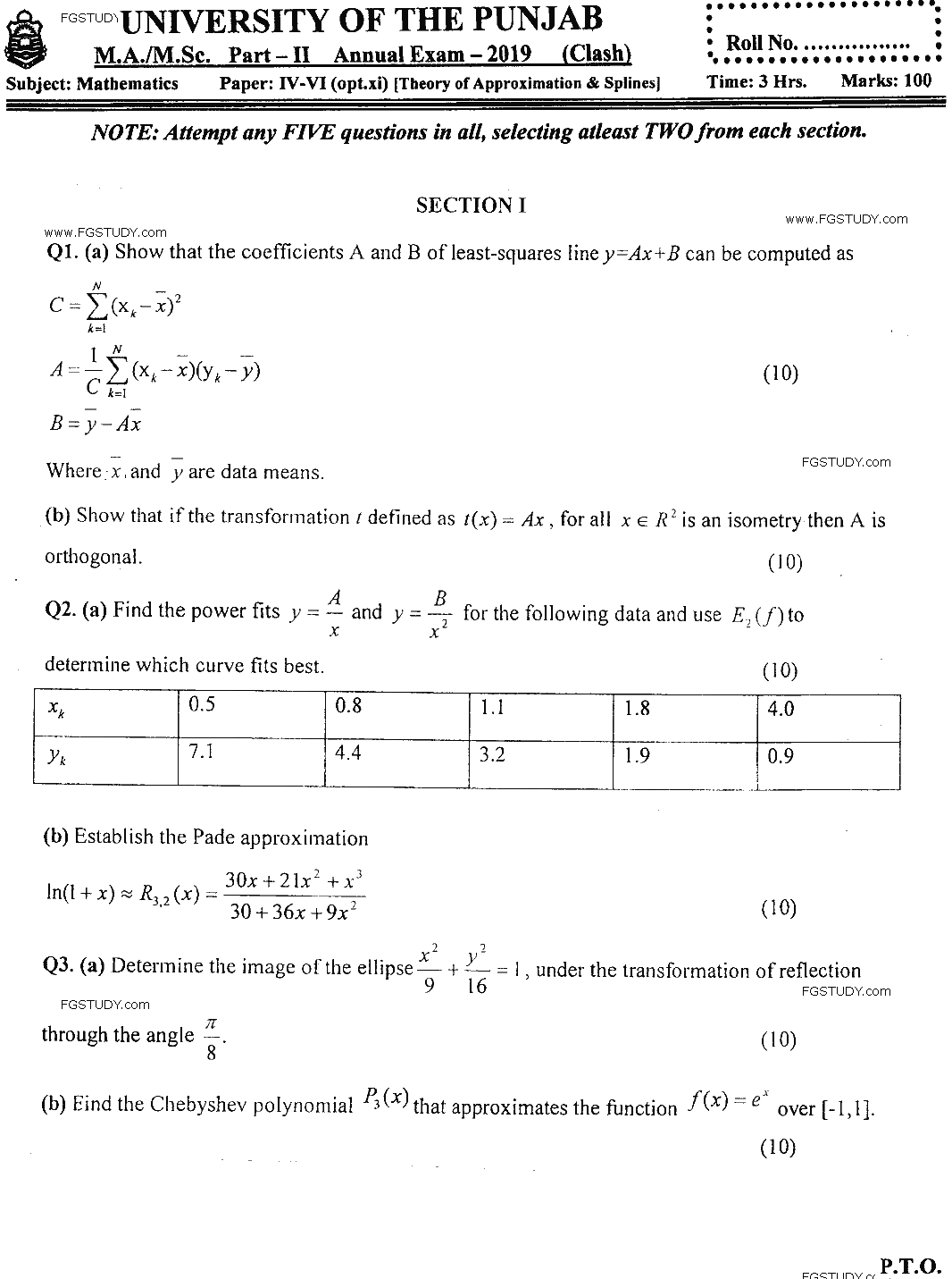 MSc Part 2 Mathematics Theory Of Approximation And Splines Past Paper 2019 Punjab University Subjective
