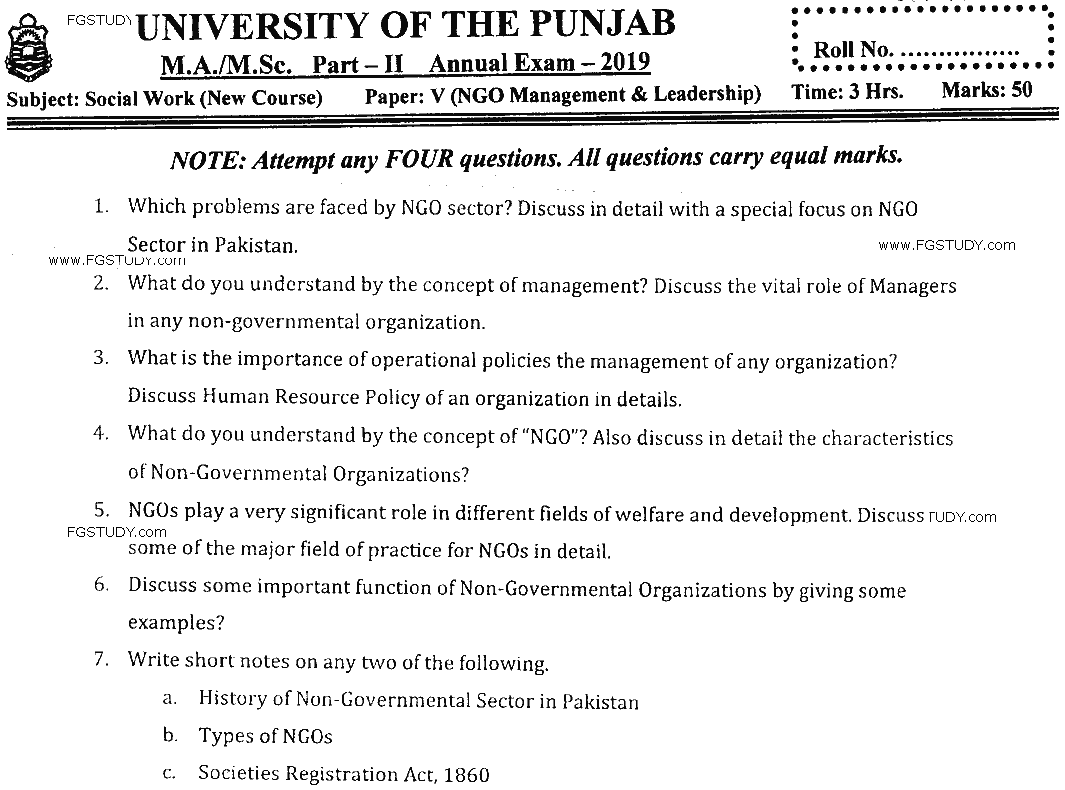 MSc Part 2 Social Work Ngo Management And Leadership Past Paper 2019 Punjab University Subjective