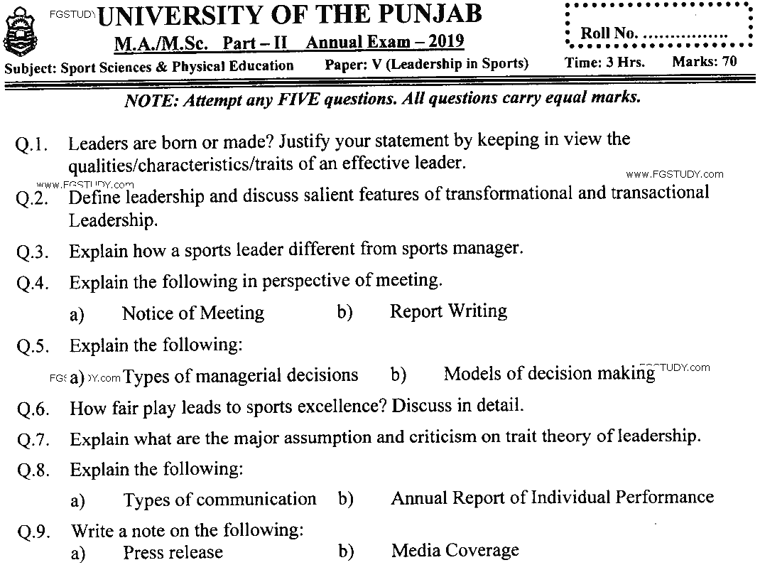 MSc Part 2 Sport Sciences And Physical Education Leadership In Sports Past Paper 2019 Punjab University Subjective