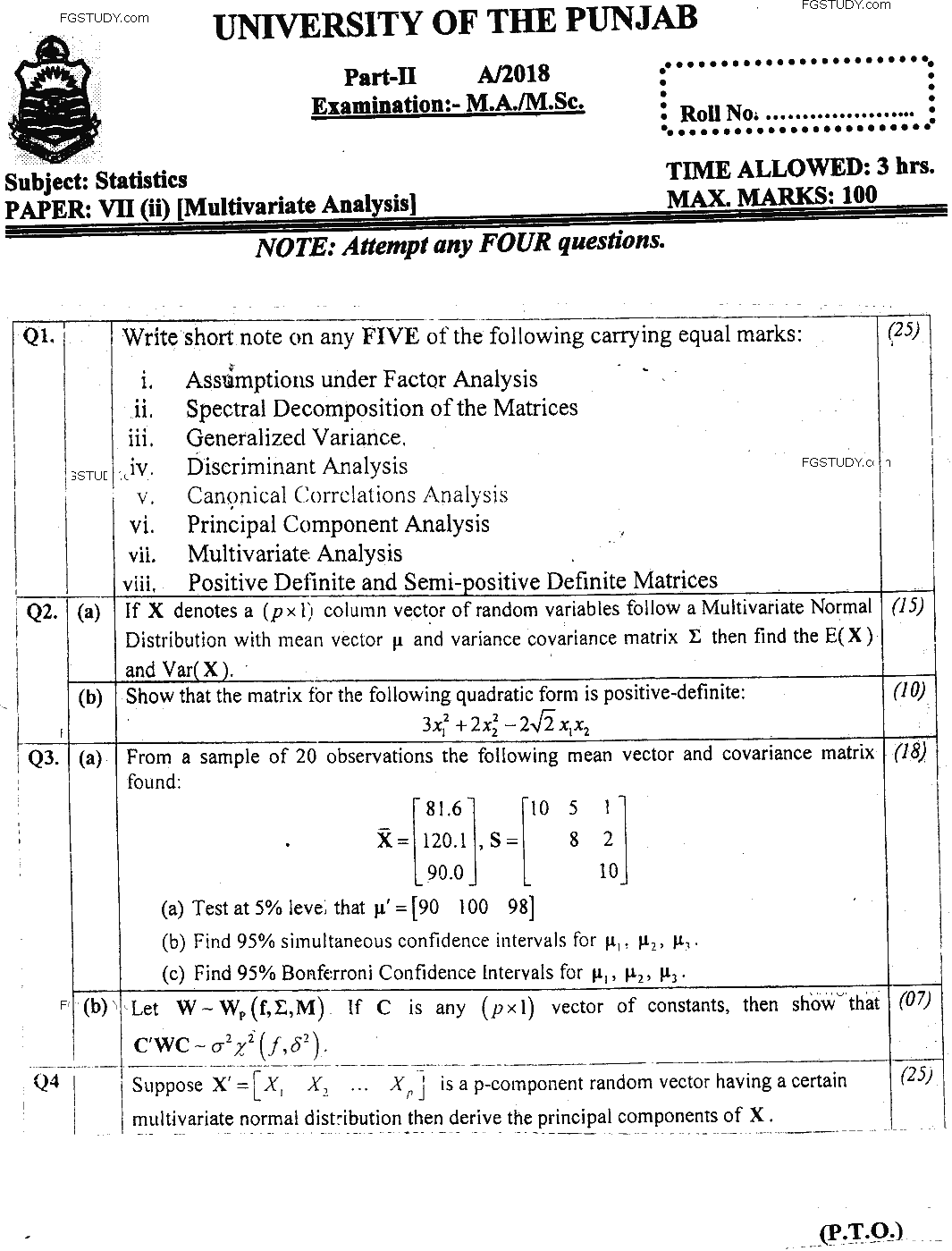 MSc Part 2 Statistics Multivariate Analysis Past Paper 2018 Punjab University Subjective