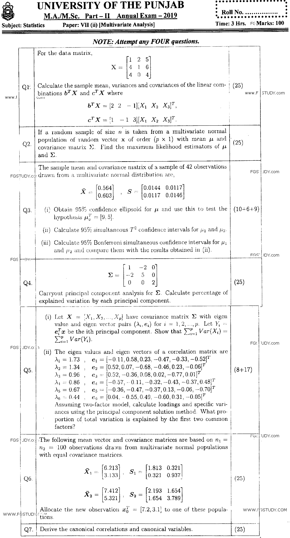 MSc Part 2 Statistics Multivariate Analysis Past Paper 2019 Punjab University Subjective