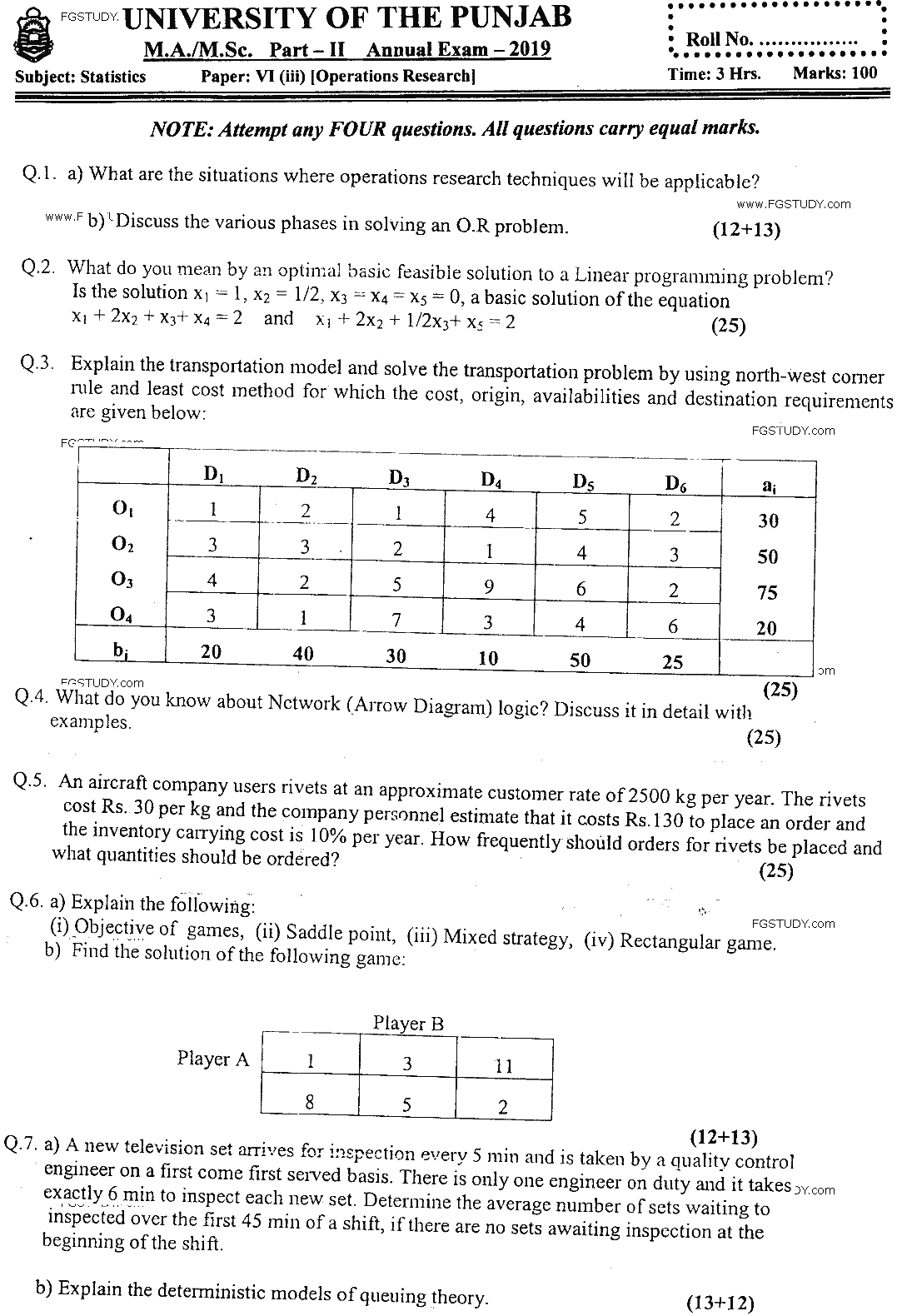 MSc Part 2 Statistics Operations Research Past Paper 2019 Punjab University Subjective