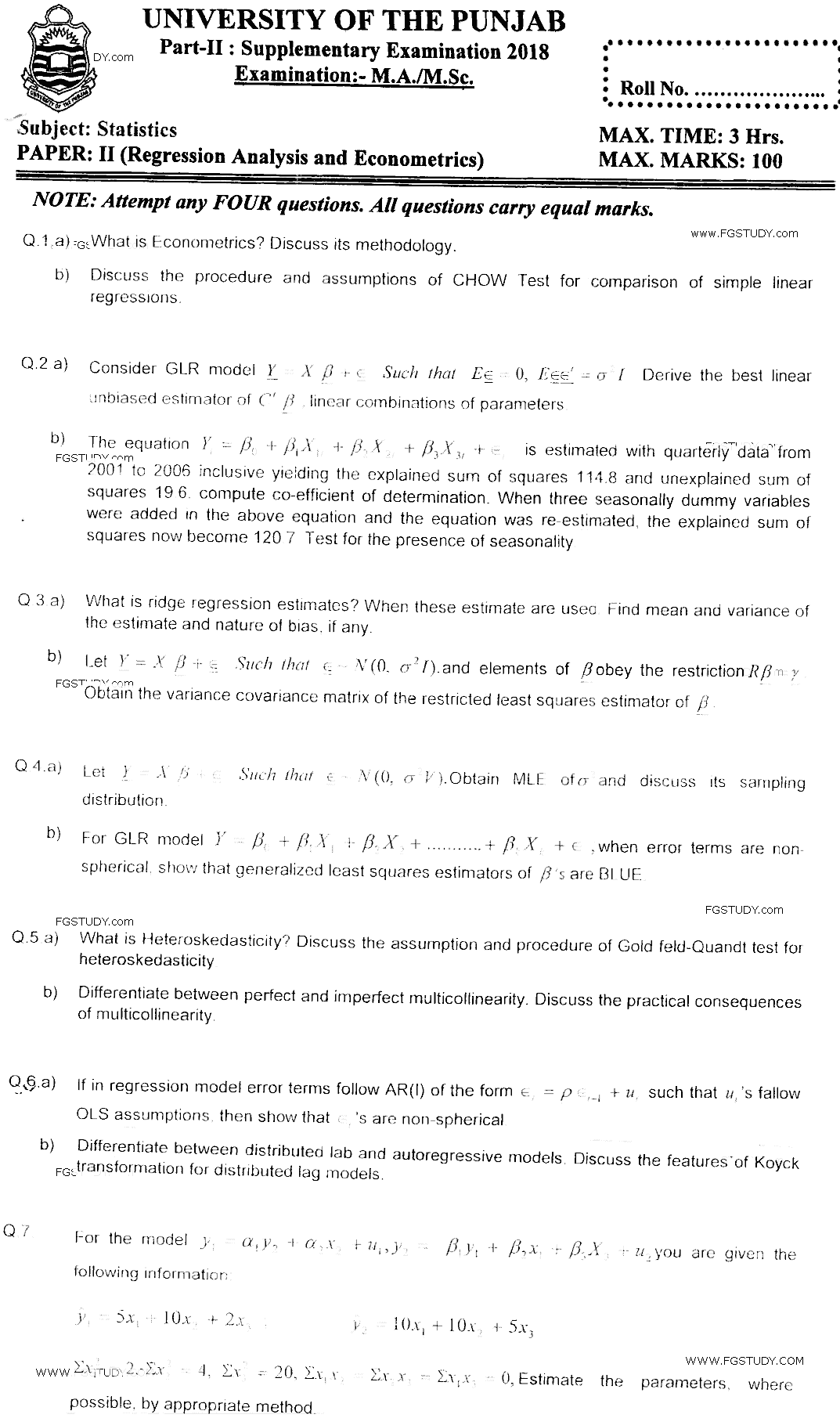 MSc Part 2 Statistics Regression Analysis And Econometrics Past Paper 2018 Punjab University Subjective