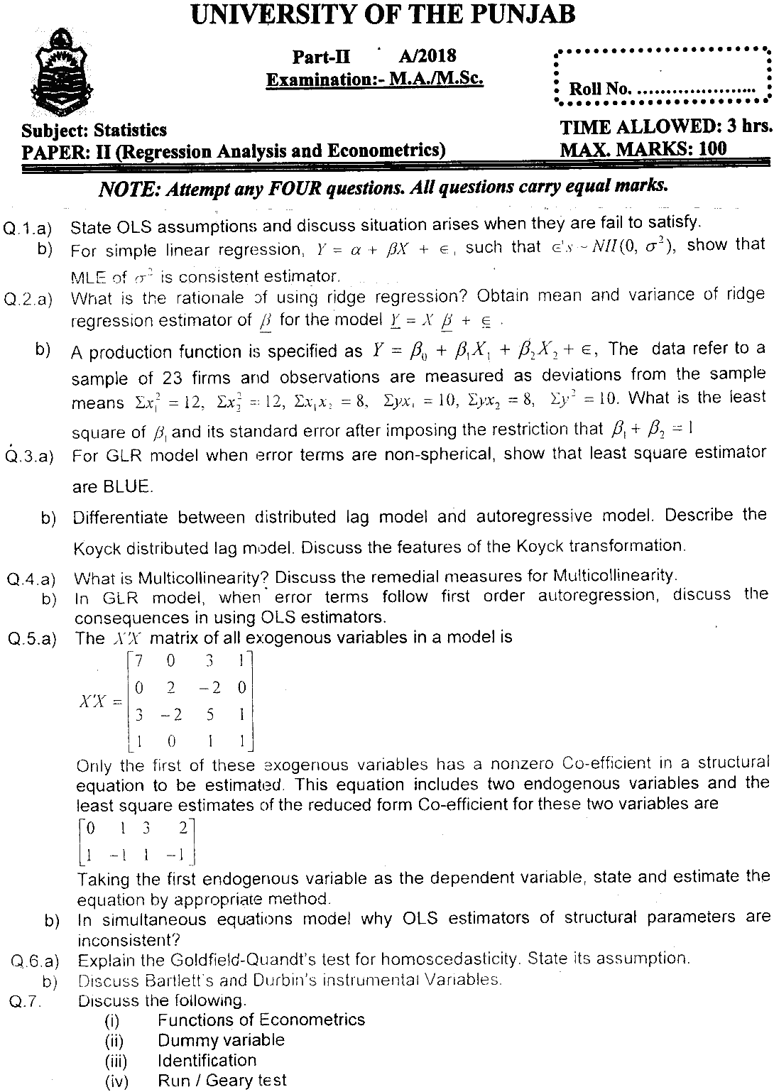 MSc Part 2 Statistics Regression Analysis And Econometrics Past Paper 2018 Punjab University Subjective