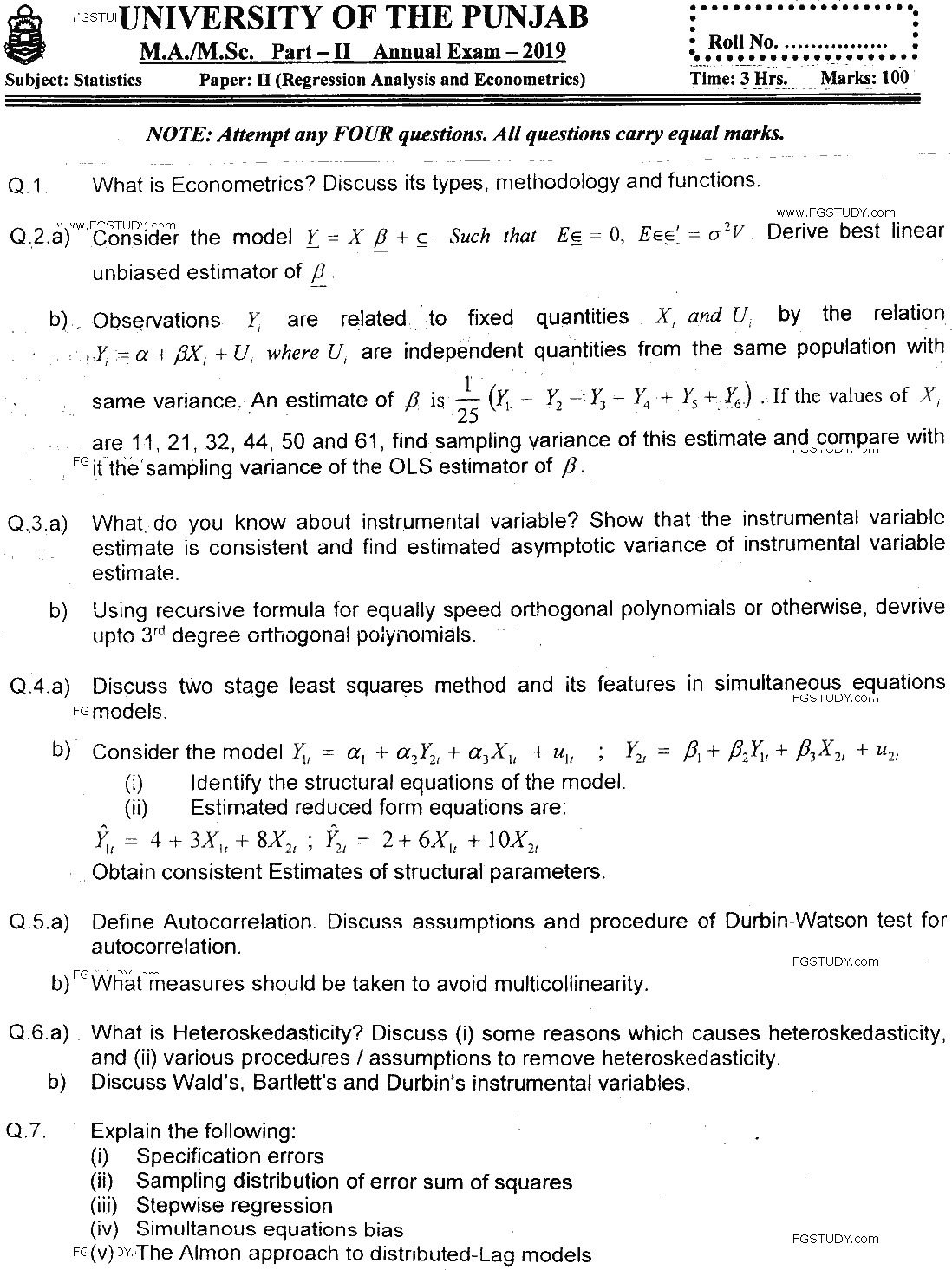 MSc Part 2 Statistics Regression Analysis And Econometrics Past Paper 2019 Punjab University Subjective