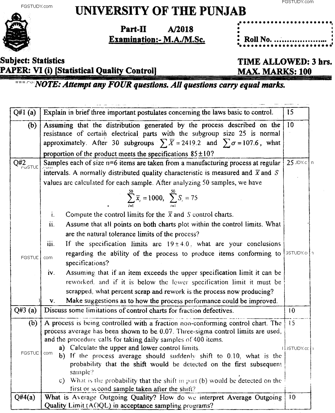 MSc Part 2 Statistics Statistical Quality Control Past Paper 2018 Punjab University Subjective