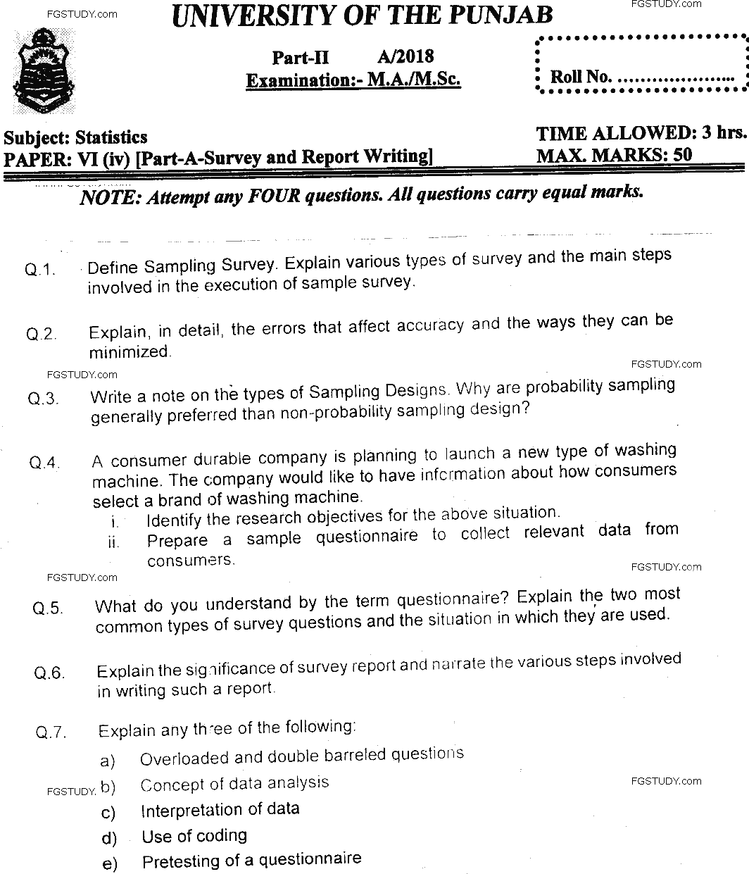 MSc Part 2 Statistics Survey And Report Writing Past Paper 2018 Punjab University Subjective