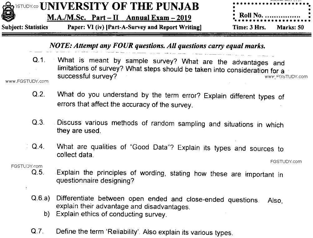 MSc Part 2 Statistics Survey And Report Writing Past Paper 2019 Punjab University Subjective