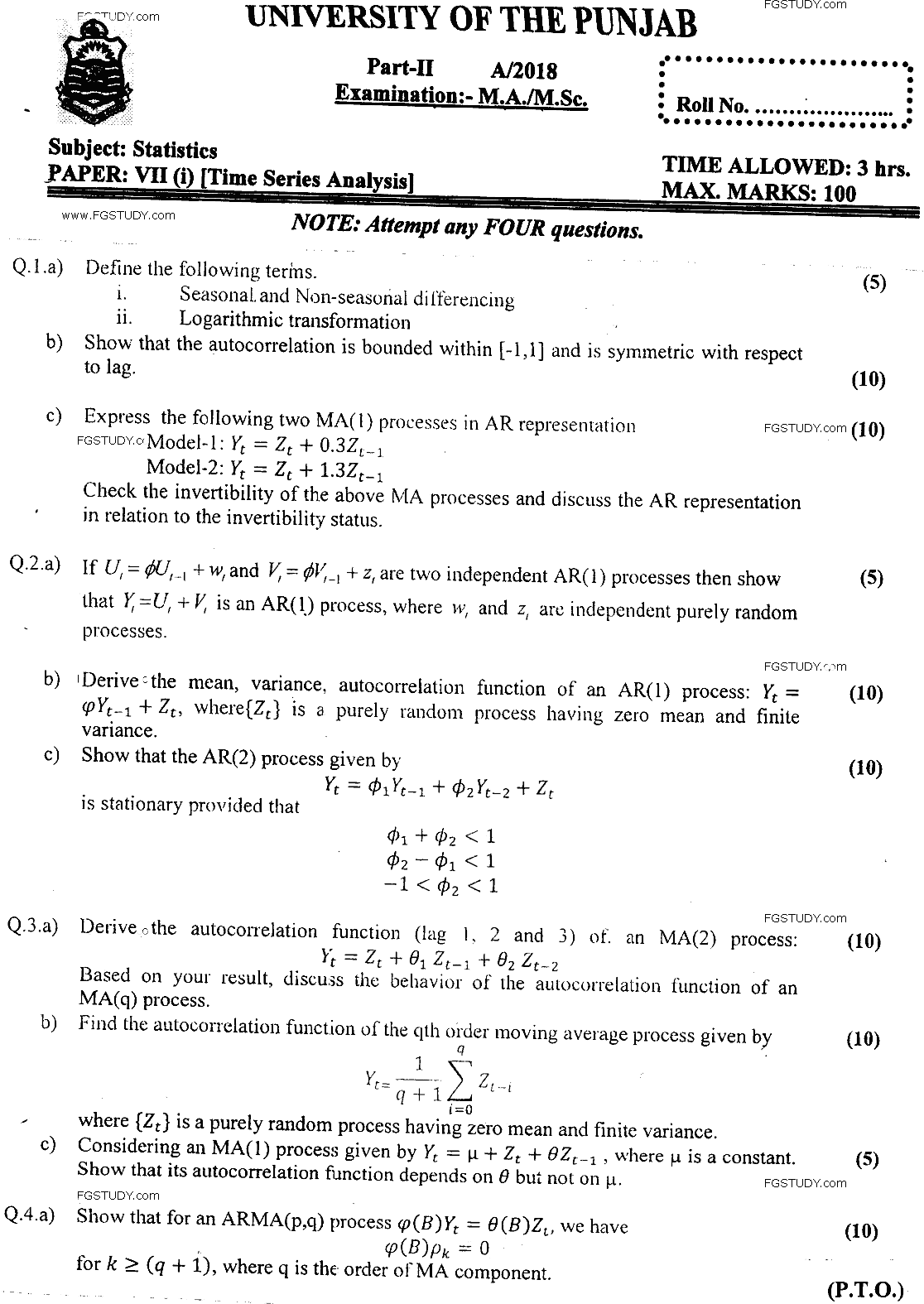 MSc Part 2 Statistics Time Series Analysis And Forecasting Past Paper 2018 Punjab University Subjective