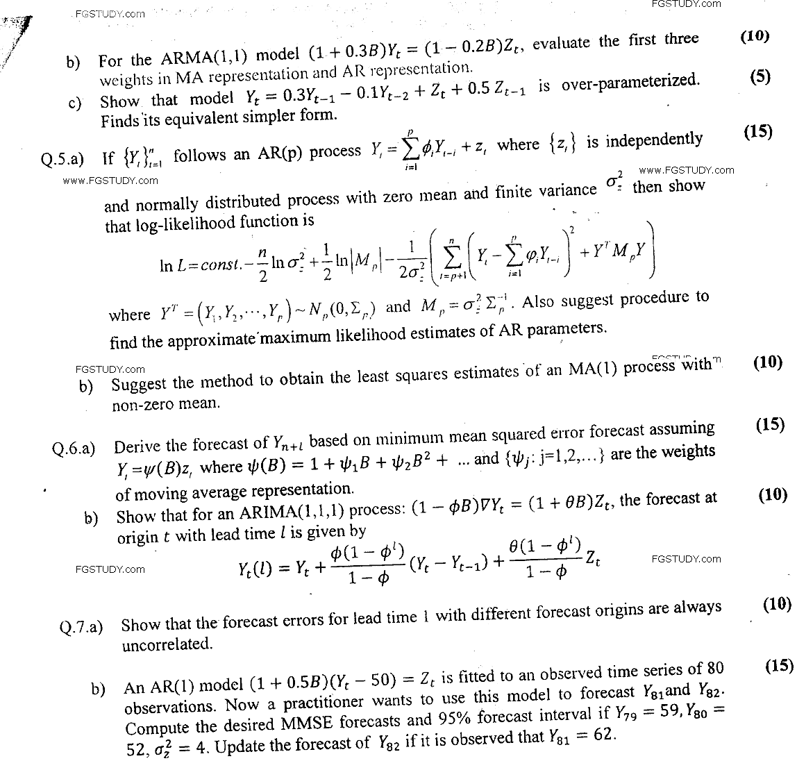 MSc Part 2 Statistics Time Series Analysis And Forecasting Past Paper 2018 Punjab University Subjective