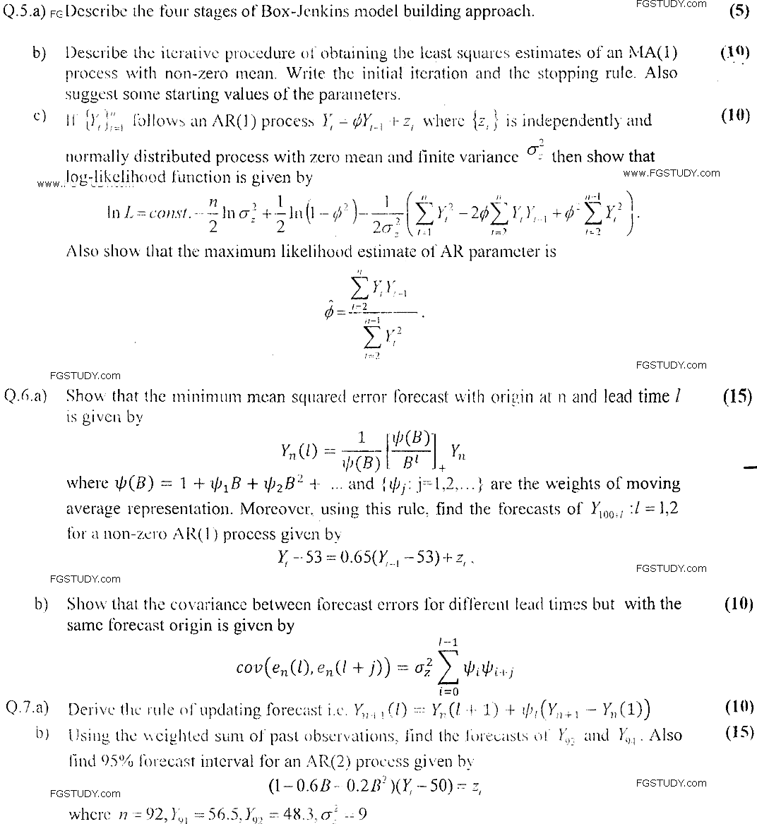 MSc Part 2 Statistics Time Series Analysis And Forecasting Past Paper 2018 Punjab University Subjective