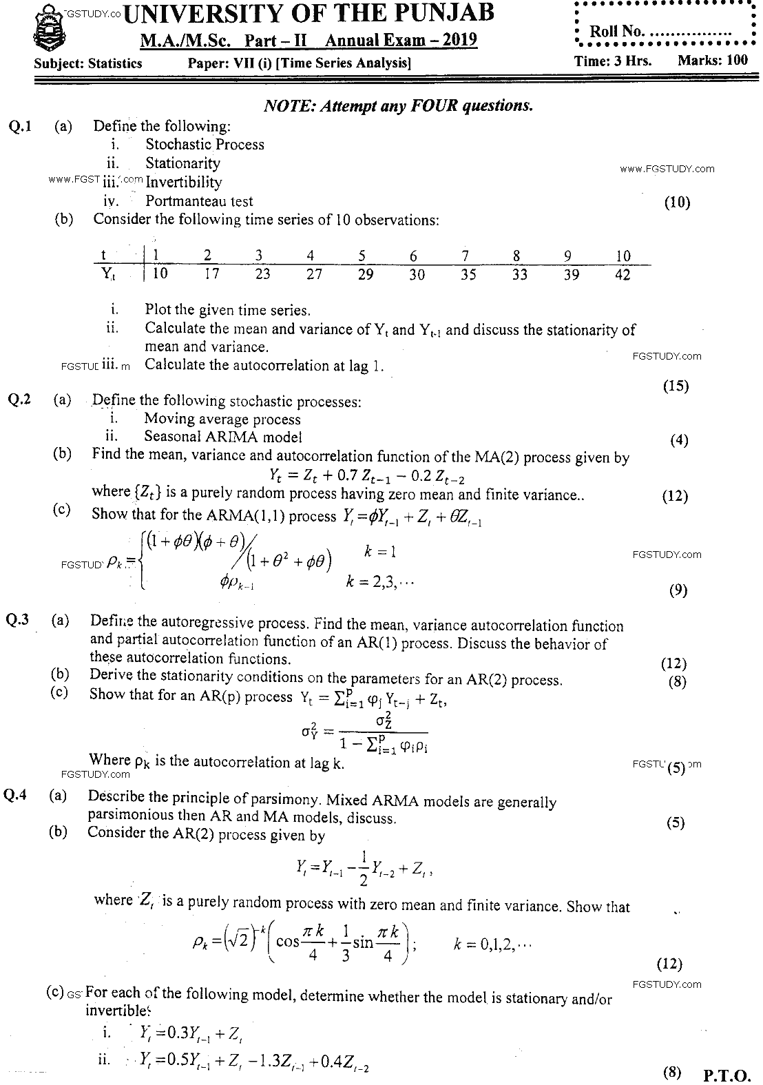 MSc Part 2 Statistics Time Series Analysis And Forecasting Past Paper 2019 Punjab University Subjective