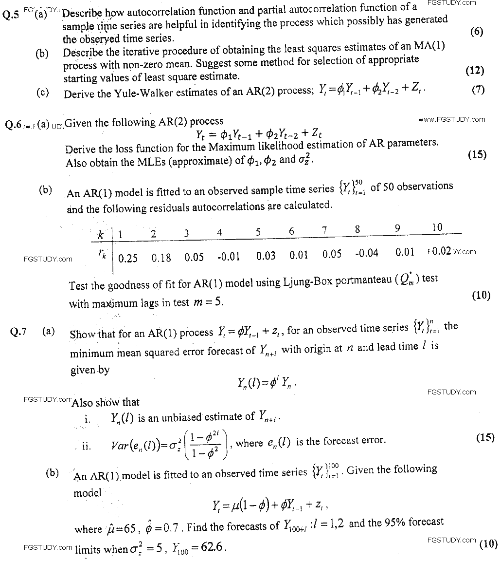 MSc Part 2 Statistics Time Series Analysis And Forecasting Past Paper 2019 Punjab University Subjective