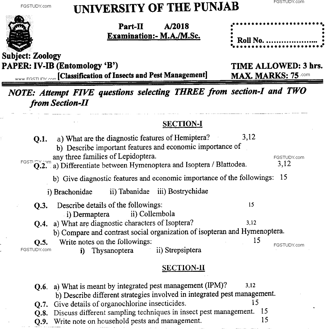 MSc Part 2 Zoology Entomology B Classifucation Of Insects And Pest Management Past Paper 2018 Punjab University Subjective