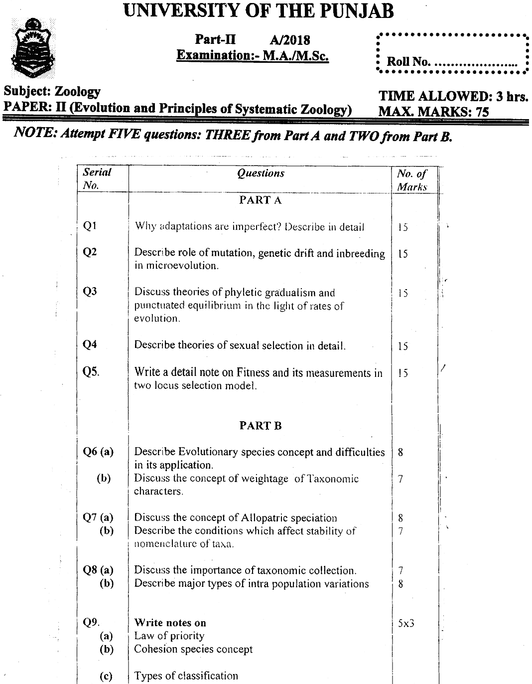 MSc Part 2 Zoology Evolution And Principles Of Systematic Zoology Past Paper 2018 Punjab University Subjective
