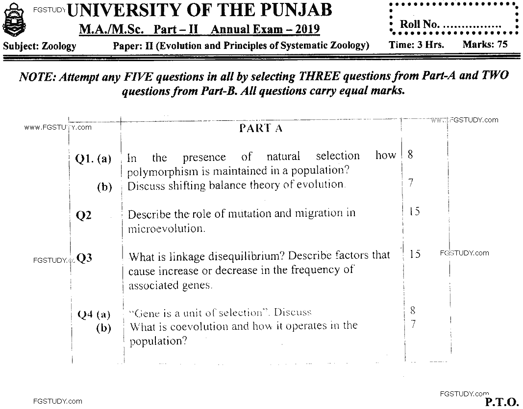 MSc Part 2 Zoology Evolution And Principles Of Systematic Zoology Past Paper 2019 Punjab University Subjective