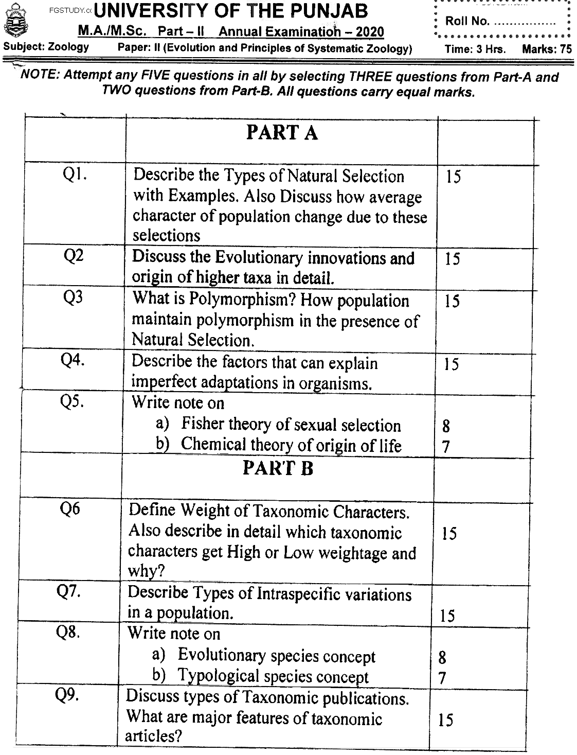 MSc Part 2 Zoology Evolution And Principles Of Systematic Zoology Past Paper 2020 Punjab University Subjective