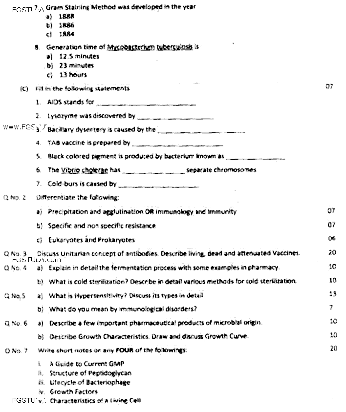 Doctor of Pharmacy Pharmaceutical Microbiology Past Paper 2015 Punjab University Subjective