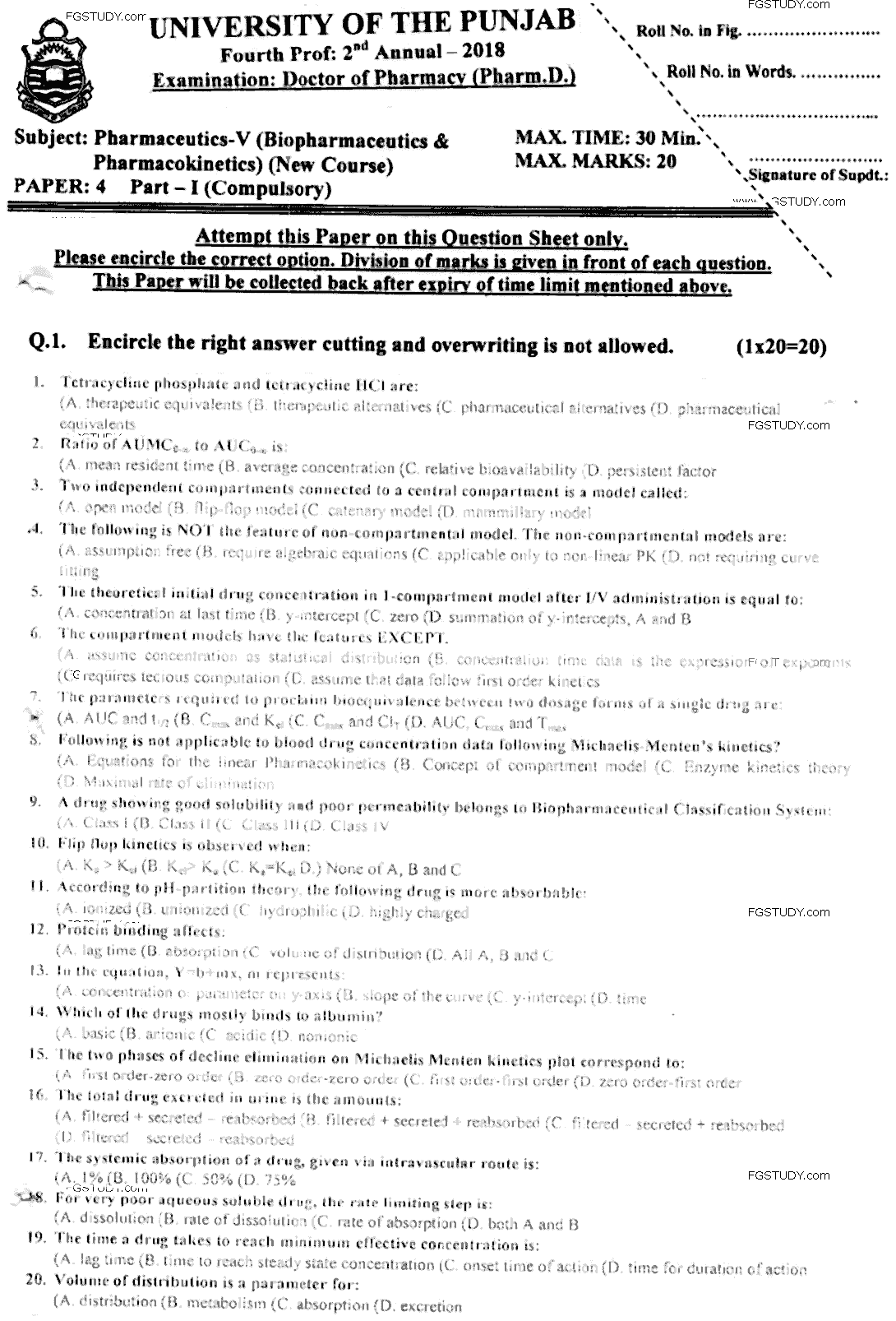 Doctor of Pharmacy Pharmaceutics 5 Biopharmaceutics And Pharmacokinetics Past Paper 2018 Punjab University Objective