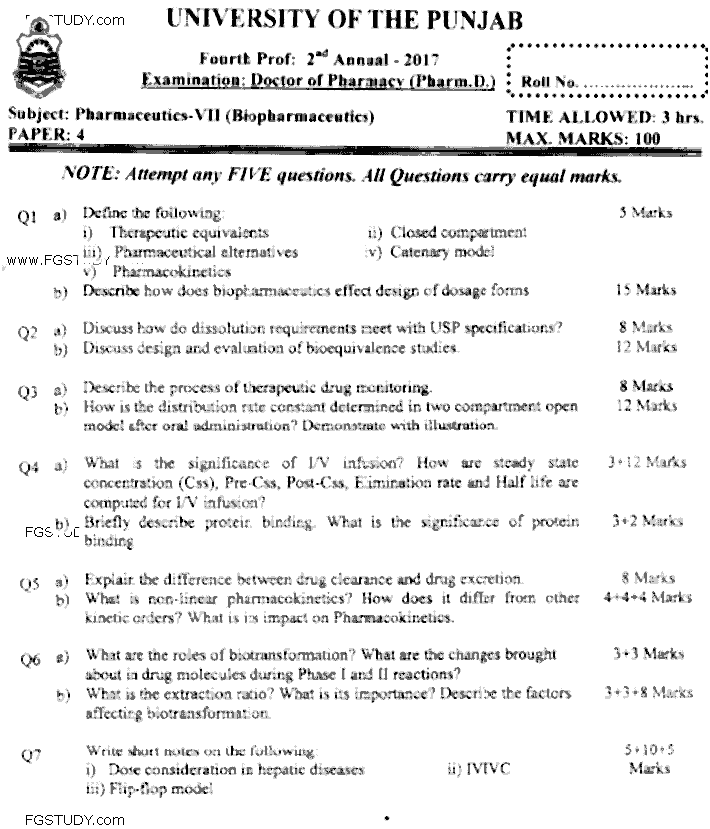 Doctor of Pharmacy Pharmaceutics 7 Biopharmaceutics Past Paper 2017 Punjab University Subjective