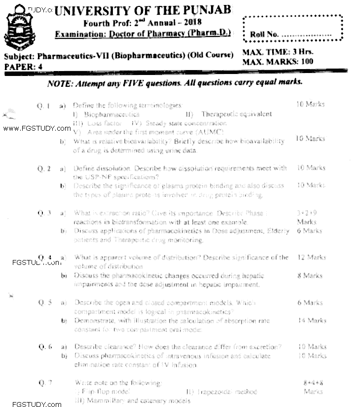 Doctor of Pharmacy Pharmaceutics 7 Biopharmaceutics Past Paper 2018 Punjab University Subjective