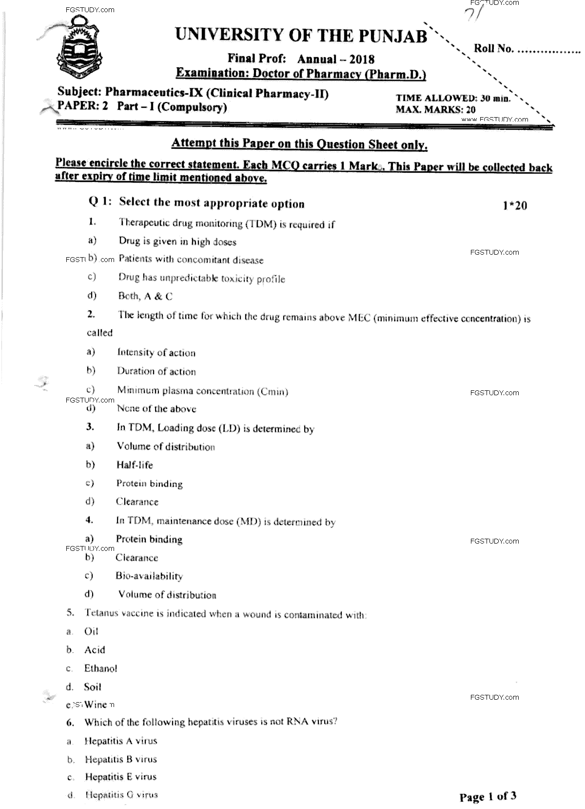 Doctor of Pharmacy Pharmaceutics 9 Clinical Pharmacy 2 Past Paper 2018 Punjab University Objective