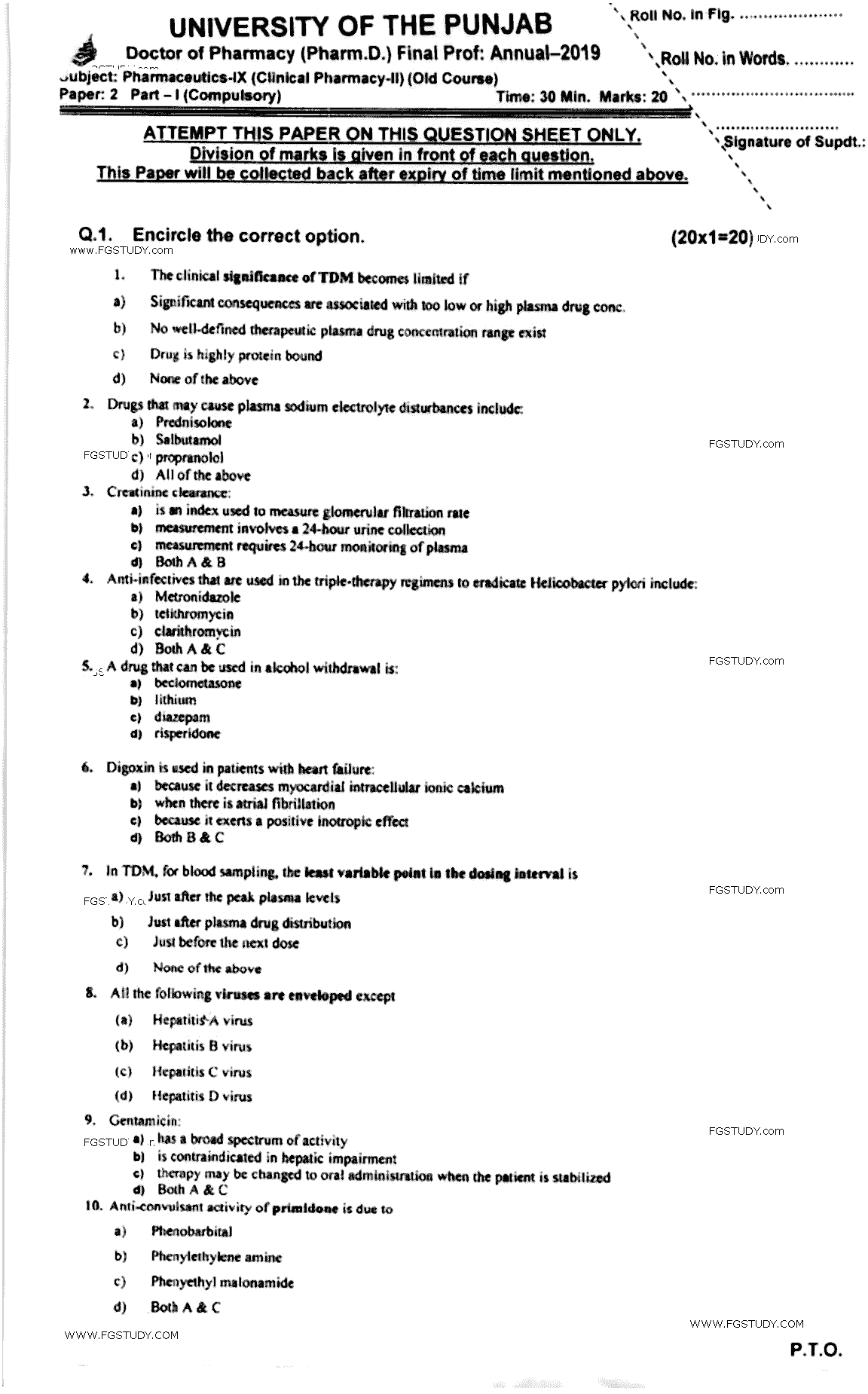 Doctor of Pharmacy Pharmaceutics 9 Clinical Pharmacy 2 Past Paper 2019 Punjab University Objective