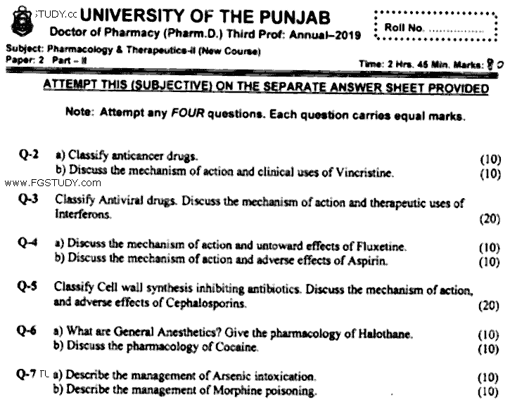 Doctor of Pharmacy Pharmacology And Therapeutics 2 Past Paper 2019 Punjab University Subjective